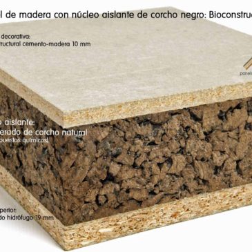 Panel de madera con aislante de aglomerado corcho natural conocido como corcho negro recomendado para Bioconstrucción. Cara vista tablero estructural cemento madera 10 mm.