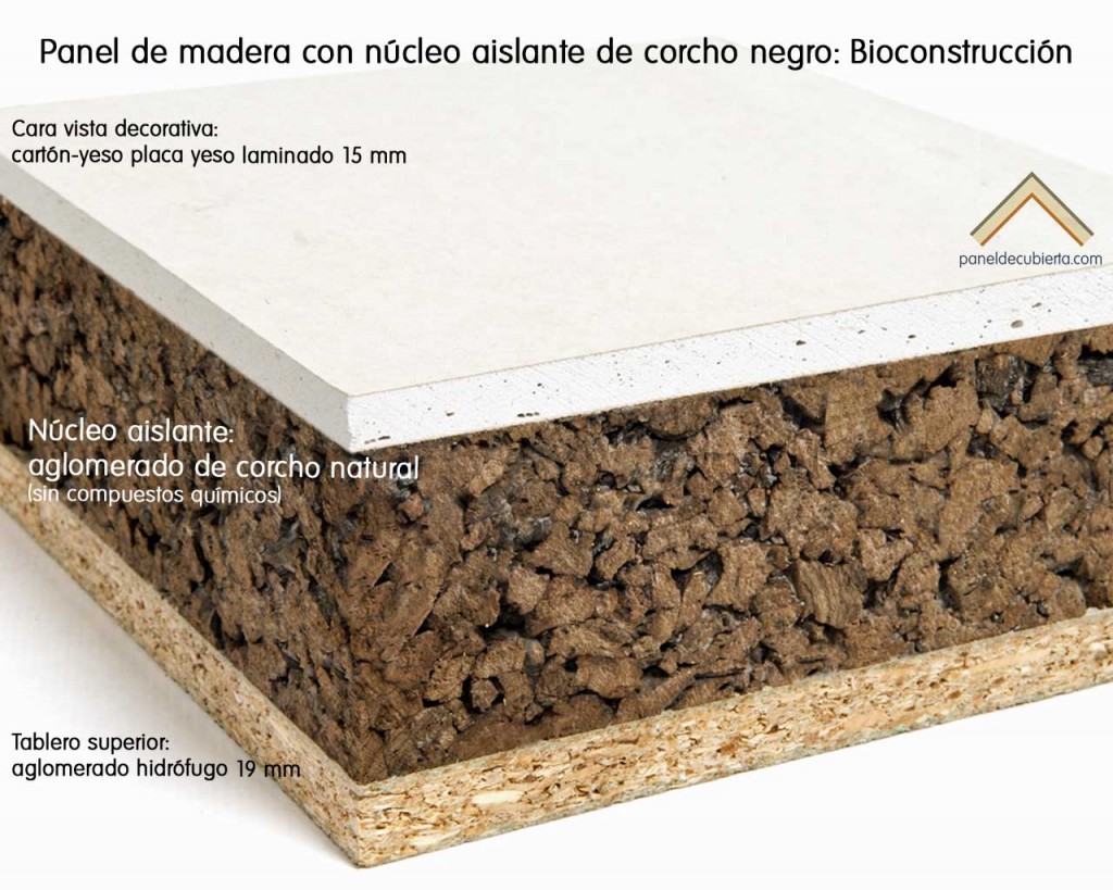 Panel de madera con aislante de corcho natural también llamado corcho negro recomendado para Bioconstrucción. Cara vista tablero placa yeso laminado cartón yeso knauf.