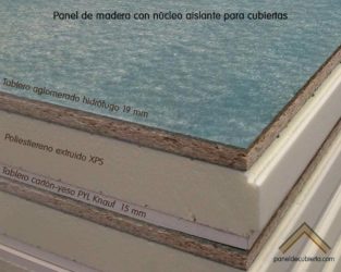 Estructura de panel de madera con núcleo aislante XPS, cara decorativa cartón yeso PYL knauf y tablero superior de aglomerado hidrófugo 19 mm.
