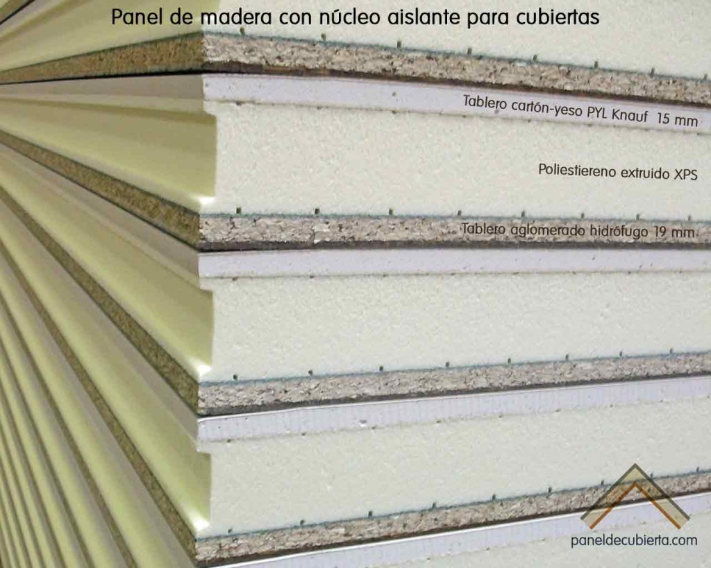 Panel de madera para tejado con núcleo aislante, acabado decorataivo cartón yeso PYL Knauf y tablero superior de aglomerado hidrófugo 19 mm.