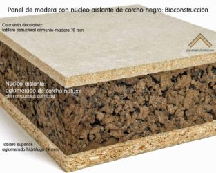 Panel de madera con aislante de aglomerado corcho natural conocido como corcho negro recomendado para Bioconstrucción. Cara vista tablero estructural cemento madera 10 mm.