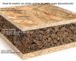 Panel de madera con aislante de corcho natural (llamado corcho negro) recomendado para Bioconstrucción. Acabado decorativo tablero estructural OSB3.